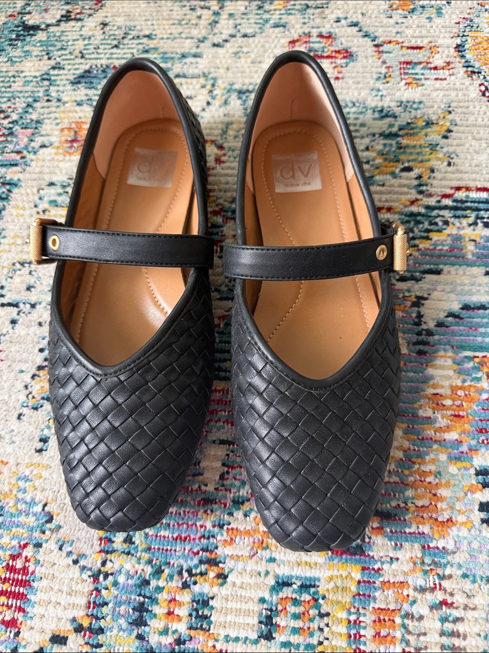 DV by Dolce Vita Black Woven Mary Jane Flats with Gold Accent
